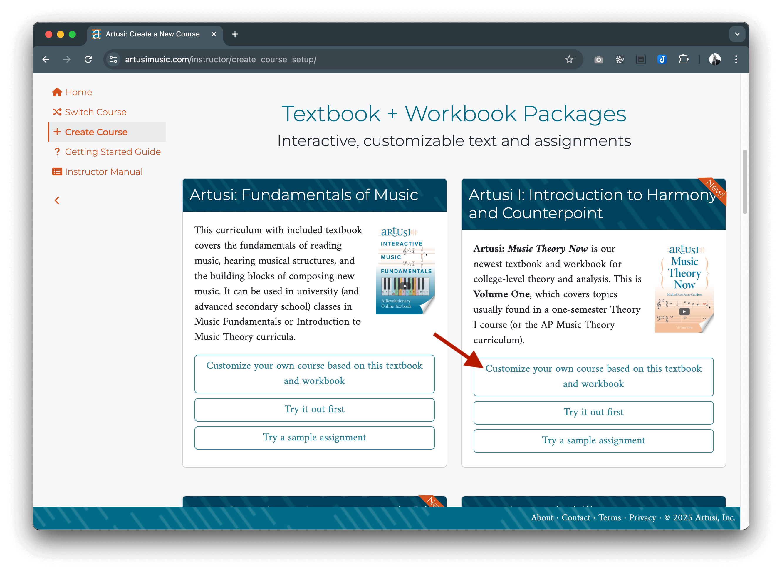 Create course page with arrow pointing to Import curriculum