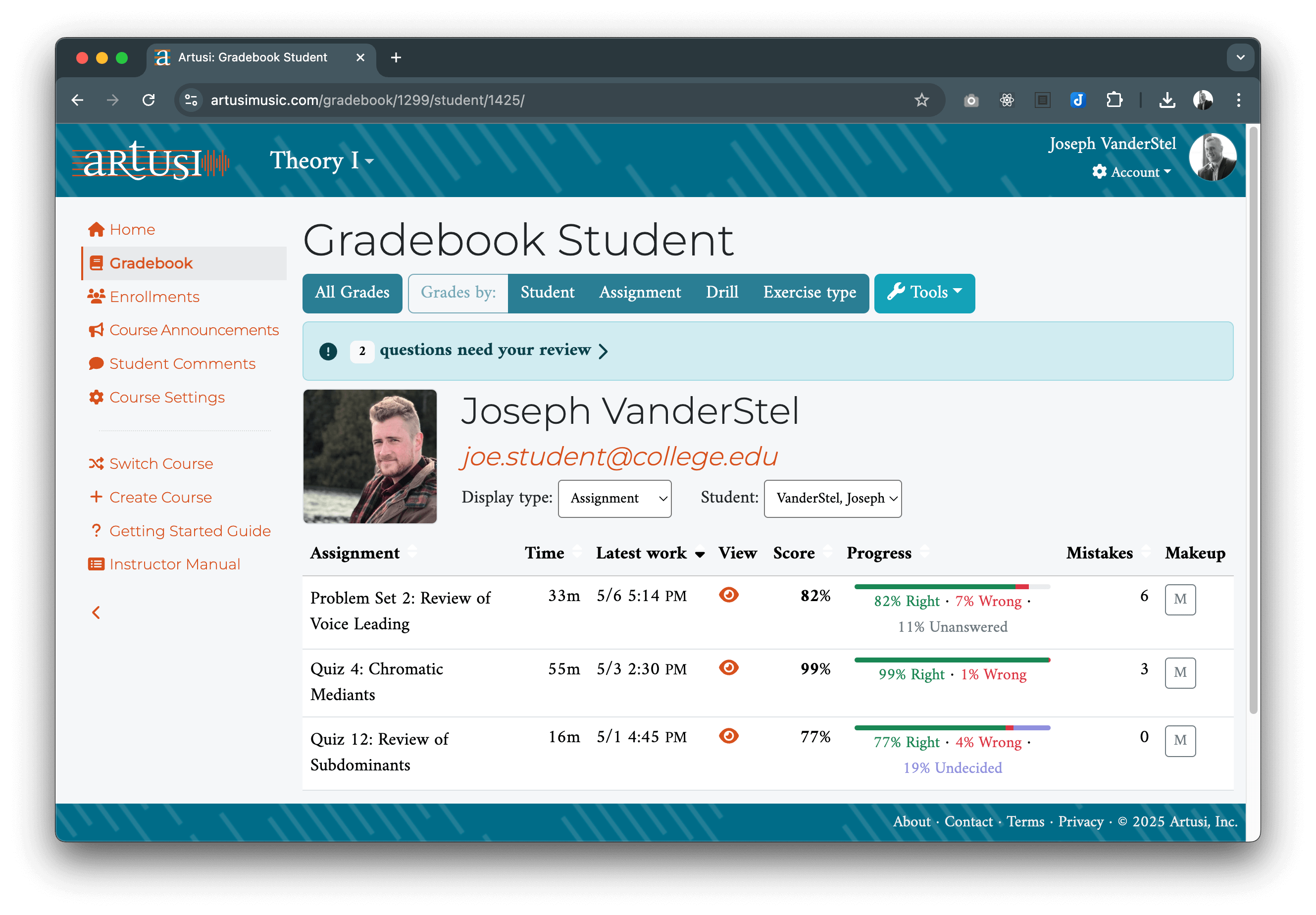 Gradebook showing one student's grades.